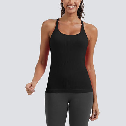MATHCAT Seamless Workout Tank Tops for Women with Built in Bra, Spaghetti Strap Ribbed Athletic Strappy Back Yoga Shirts