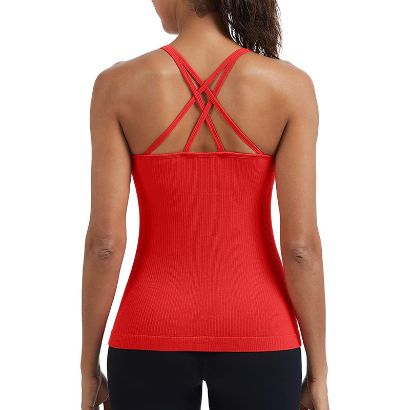 MATHCAT Seamless Workout Tank Tops for Women with Built in Bra, Spaghetti Strap Ribbed Athletic Strappy Back Yoga Shirts