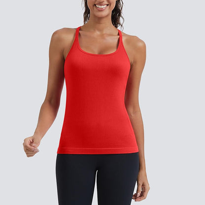 MATHCAT Seamless Workout Tank Tops for Women with Built in Bra, Spaghetti Strap Ribbed Athletic Strappy Back Yoga Shirts