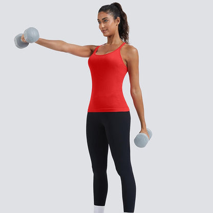 MATHCAT Seamless Workout Tank Tops for Women with Built in Bra, Spaghetti Strap Ribbed Athletic Strappy Back Yoga Shirts