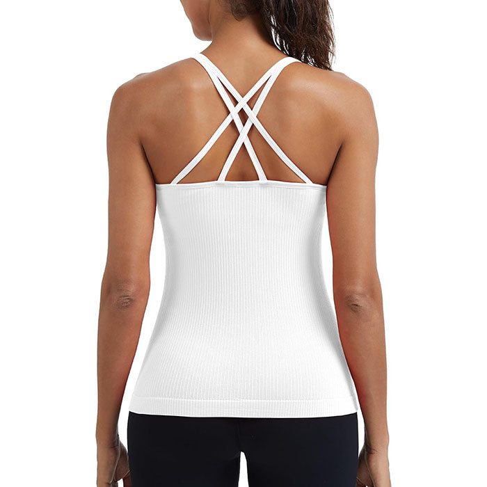 MATHCAT Seamless Workout Tank Tops for Women with Built in Bra, Spaghetti Strap Ribbed Athletic Strappy Back Yoga Shirts