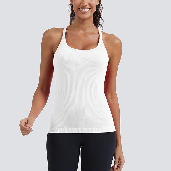 MATHCAT Seamless Workout Tank Tops for Women with Built in Bra, Spaghetti Strap Ribbed Athletic Strappy Back Yoga Shirts