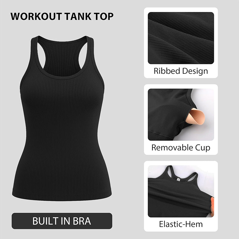 MATHCAT Workout Tank Tops for Women with Built in Bra, Seamless Ribbed Racerback Camisole Tops, Sleeveless Gym Yoga Shirts