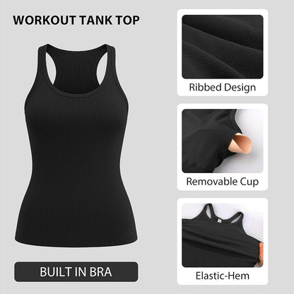 MATHCAT Workout Tank Tops for Women with Built in Bra, Seamless Ribbed Racerback Camisole Tops, Sleeveless Gym Yoga Shirts