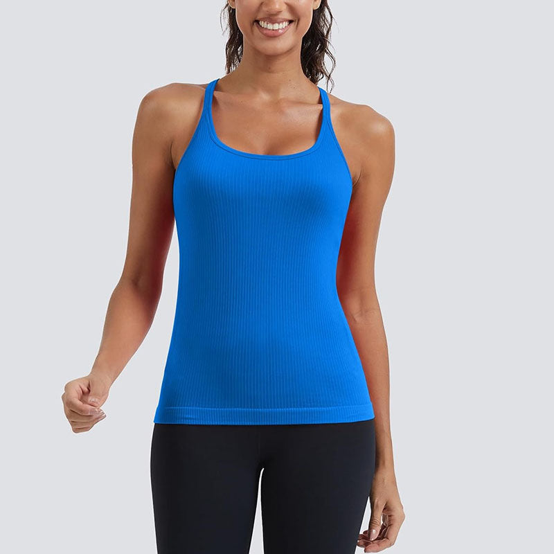 MATHCAT Seamless Workout Tank Tops for Women with Built in Bra, Spaghetti Strap Ribbed Athletic Strappy Back Yoga Shirts