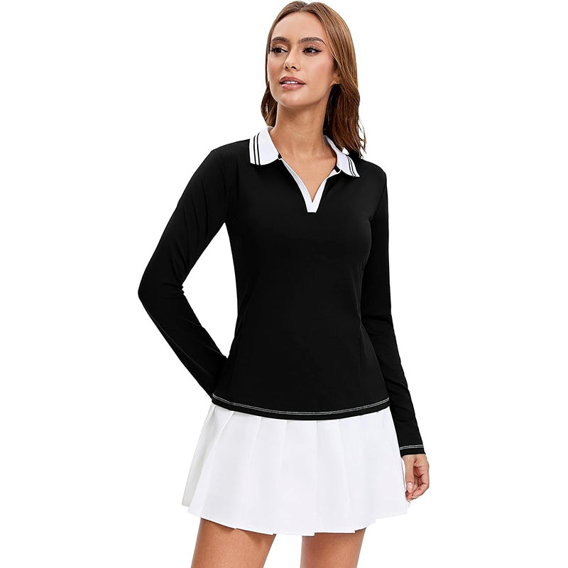 MATHCAT Womens Golf Shirts, Long Sleeve Polo Shirts Collared V Neck Tennis Shirts Breathable Athletic Tops