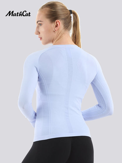 Mathcat Seamless Workout Shirts Breathable Long Sleeve Yoga Tops Blue