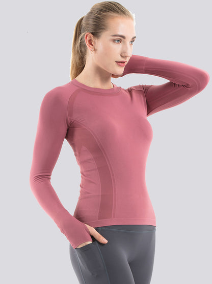 Mathcat Seamless Workout Shirts Breathable Long Sleeve Yoga Tops Brick Red